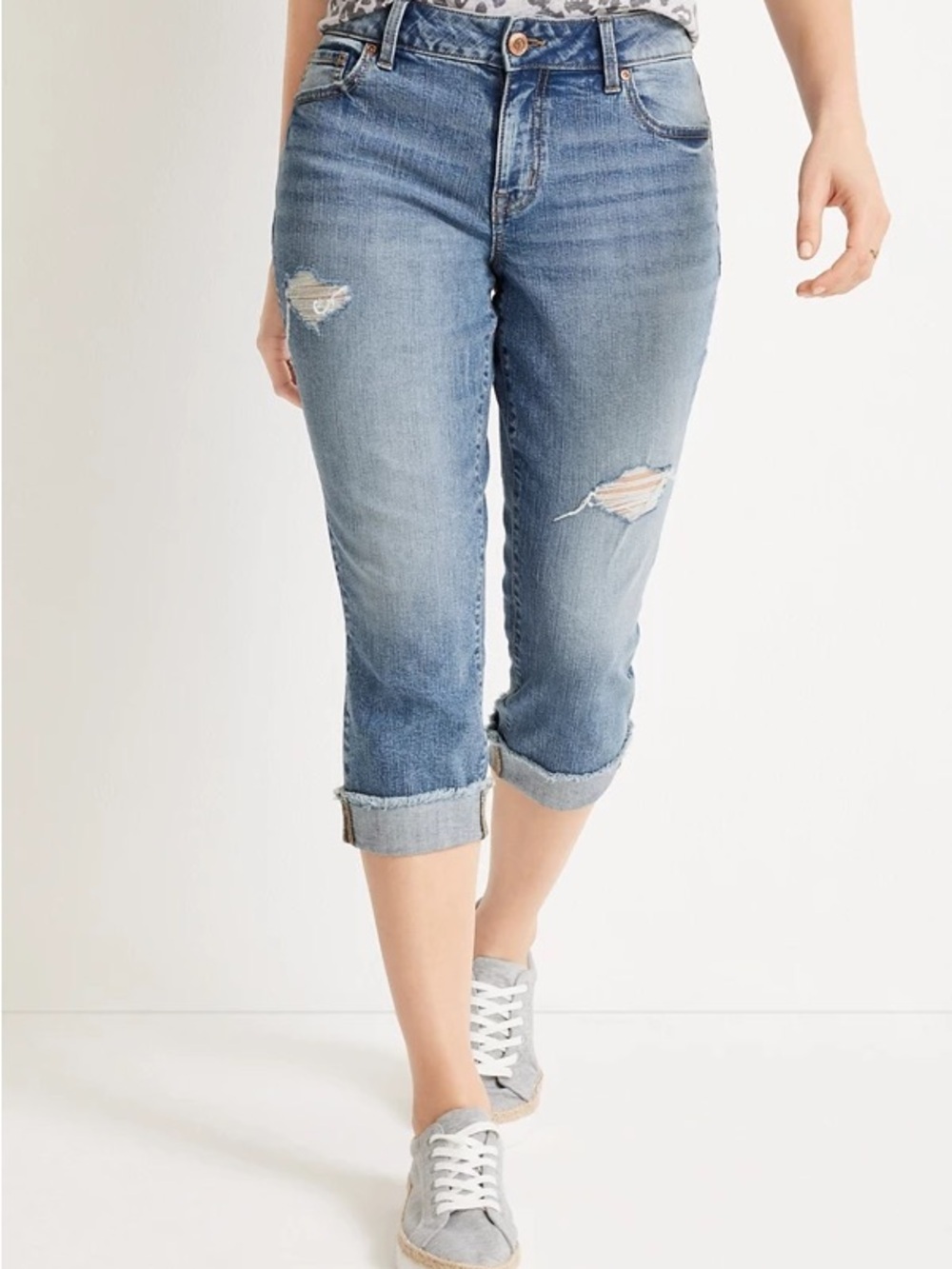 m jeans by maurices Curvy High Rise Ripped Capri Stretch Denim Distressed